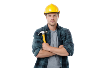 Worker with yellow hard hat and hammer.