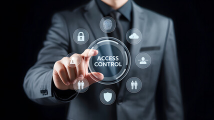 Professional businessman touching virtual screen for secure access control management, protecting data and users with modern technology interface
