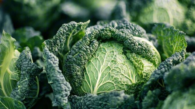 Fresh green cabbage heads nestled among lush leaves, showcasing intricate textures and vibrant colors, camera zooms in to highlight details and natural beauty