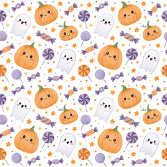 Kawaii Halloween Seamless Pattern with Pumpkins, Ghosts, and Purple Candies