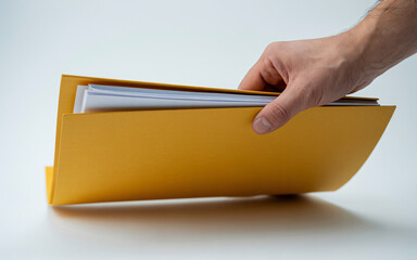 Hand filing important documents in a vibrant yellow folder, organize paperwork, manage files, essential business archive, decluttering your office