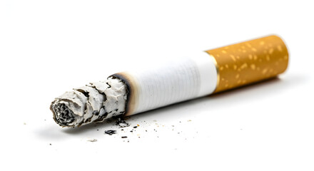Smoldering Cigarette Butt with Ash on Clean White Background