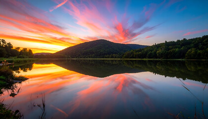Vibrant Sunset Reflection Over Water Body at Dusk with Silhouette of Treed Hill in Background With Cloudscape at Golden Hour