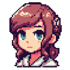 Detailed pixel art portrait of a young woman with wavy brown hair and blue eyes, rendered in a classic retro gaming style, perfect for avatars or digital content