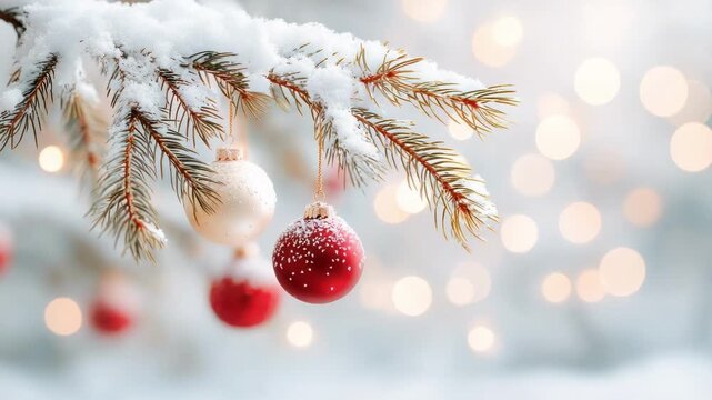 Snow-covered fir branches adorned with festive ornaments, showcasing a gradual zoom in on the vibrant decorations and soft bokeh background