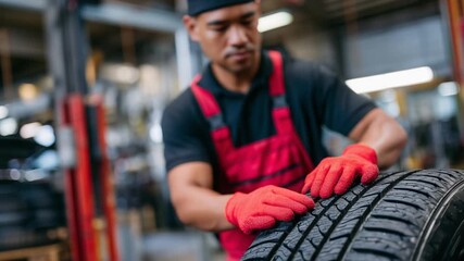 A technician in red gloves inspects a vehicle tire's sharp tread pattern in an auto repair shop.