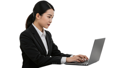 Focused asian businesswoman typing on a laptop, isolated on transparent background, showcasing modern technology