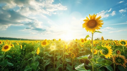 Sunny Spring & Summer Meadows: Yellow Sunflowers, Blue Skies, and Bees in Rural Flower Fields & Gardens