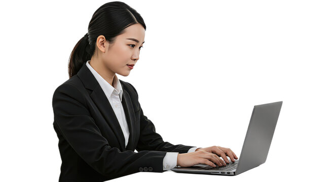 Focused asian businesswoman typing on a laptop, isolated on transparent background, showcasing modern technology