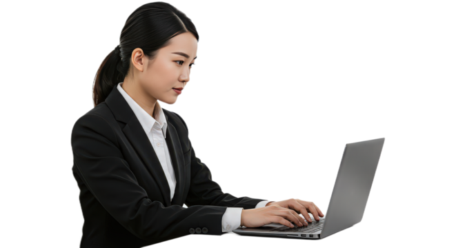 Focused asian businesswoman typing on a laptop, isolated on transparent background, showcasing modern technology