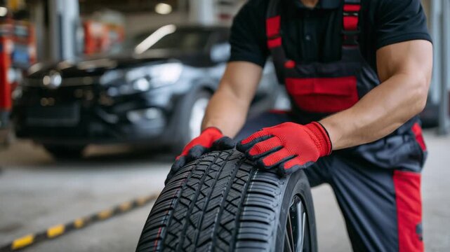 A mechanic in red gloves meticulously examines a new car tire's durable tread blocks, with a garage backdrop subtly in view.