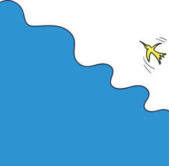 An angular sea and a flying yellow bird.