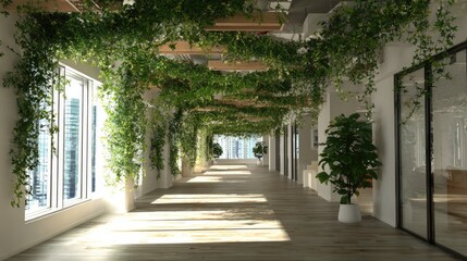 Obraz premium Modern office hallway with green hanging plants