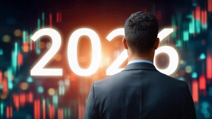 Businessman gazes at glowing 2026 numbers, with vibrant financial data background, showcasing future aspirations, camera slowly zooms in - Powered by Adobe