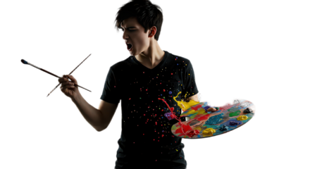 Young artist with a palette and brush isolated on transparent background is angry because of paint splash