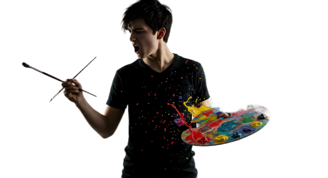 Young artist with a palette and brush isolated on transparent background is angry because of paint splash - Powered by Adobe