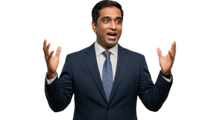 Enthusiastic indian businessman in suit gesturing with hands isolated on transparent background, showcasing excitement