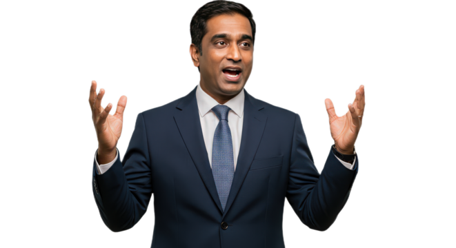 Enthusiastic indian businessman in suit gesturing with hands isolated on transparent background, showcasing excitement