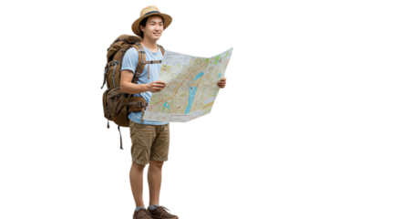 Young man with backpack looking at map isolated on transparent background traveler searching right direction