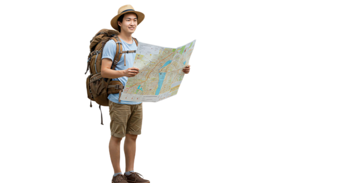 Young man with backpack looking at map isolated on transparent background traveler searching right direction