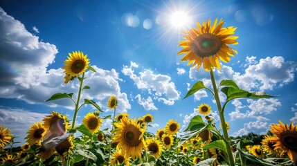 Sunny Spring & Summer Meadows: Yellow Sunflowers, Blue Skies, and Bees in Rural Flower Fields & Gardens