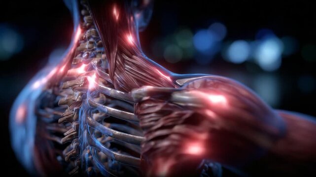 Explore the anatomy of upper body muscle fatigue with detailed renderings of the spinal column, shoulder girdle, and back muscles under stress for medical education.