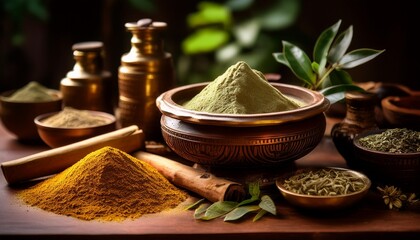 a serene display of ayurvedic medicine with powdered herbs