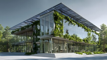Obraz premium modern sustainable office building surrounded by trees and solar panels high quality realistic render