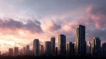 Fototapeta premium Modern urban skyline with numerous high rise buildings at sunset with vibrant clouds