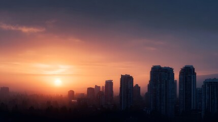 Fototapeta premium Vibrant sunset casting warm orange and purple hues over a modern urban skyline with dense high rise buildings