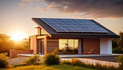 Fototapeta premium minimalist eco house facade with solar panels and warm evening light
