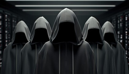Dark Cybersecurity: A Group Of Hooded Hackers In The Server Room Engaging In Malware, Phishing, And Theft.