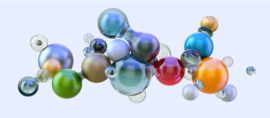 3D abstract molecular structure made of colorful glass spheres, molecules, atoms, blue background. Chemistry science, nanotechnology, pharmaceutical AI, biotechnology, digital technology innovation