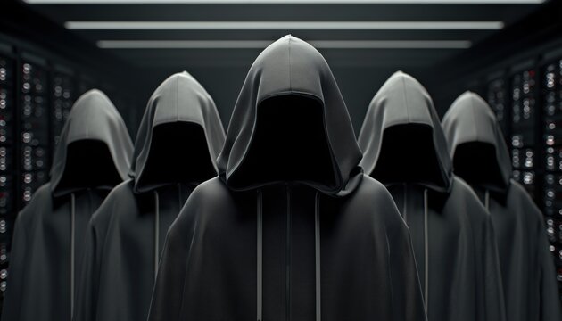 Dark Cybersecurity: A Group Of Hooded Hackers In The Server Room Engaging In Malware, Phishing, And Theft.