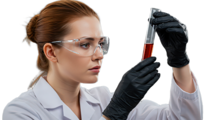 Female scientist in lab coat and safety glasses examining a test tube with red liquid isolated on transparent background