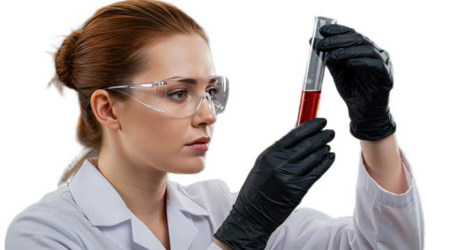 Female scientist in lab coat and safety glasses examining a test tube with red liquid isolated on transparent background