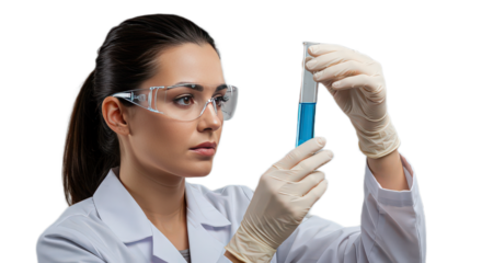 Female scientist in lab coat and safety glasses examining a test tube with blue liquid isolated on transparent background