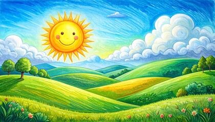 A colorful illustration of a smiling sun shining over rolling green hills and fields with trees and flowers under a blue sky with fluffy white clouds.