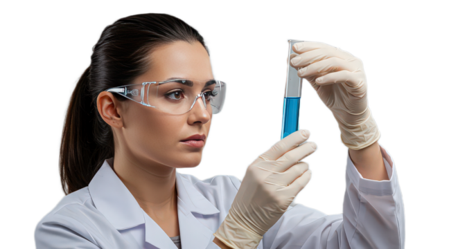 Female scientist in lab coat and safety glasses examining a test tube with blue liquid isolated on transparent background - Powered by Adobe