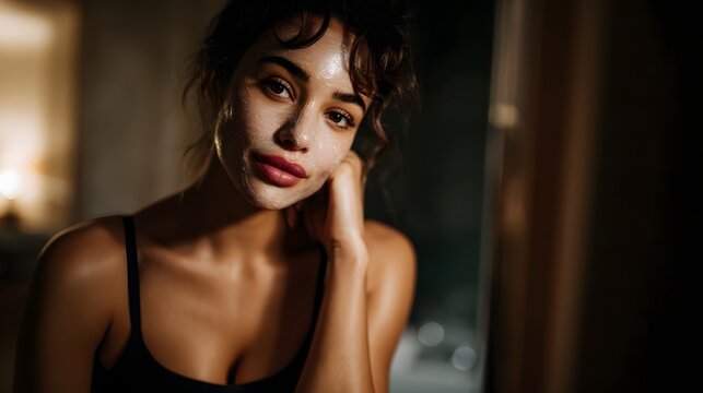 A young woman with a facial mask applied to her skin looking thoughtfully in warm indoor lighting