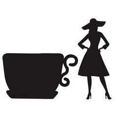 Woman and teacup silhouette vector illustration, elegant lady in hat standing near coffee cup. Fashion and lifestyle design element. Black silhouette isolated on white background