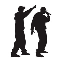 Hip hop dancer and rapper silhouette vector illustration. Music performance art, urban street style, rap singer and dancer figures isolated on white background