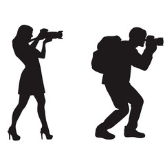 Photographer silhouette vector illustration. Man and woman taking pictures with camera, professional photography concept and photo shoot design element isolated on white background