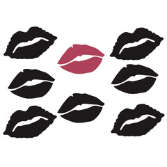 Lips silhouette vector set. Lipstick kiss marks collection. Lip print icons, beauty and fashion design elements. Romantic symbol illustration isolated on white background