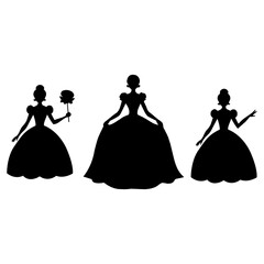 Princess silhouette vector set. Women in ball gown dresses, royal lady figures and fashion design elements. Beauty and grace illustration of black silhouettes