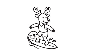 Line art Reindeer surfing icon illustration on white background.