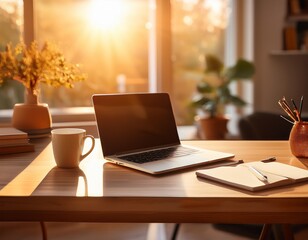 a dreamy blur of a cozy workspace featuring a desk with a laptop notebooks and a coffee cup bathed in warm sunlight