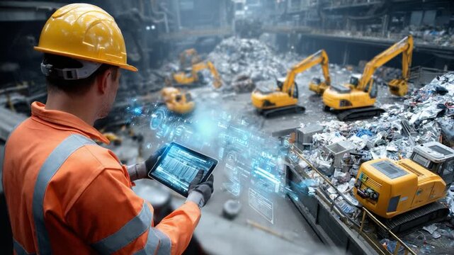 Construction Worker at the construction site: A construction worker intently uses a tablet to manage a construction site, surrounded by heavy machinery and the raw materials of a project.