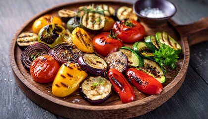 assorted grilled vegetables served on a wooden platter with herbs and sea salt distinguished by its bright colors and rich texture perfect for healthy eating vegetarian recipes or summer barbecues