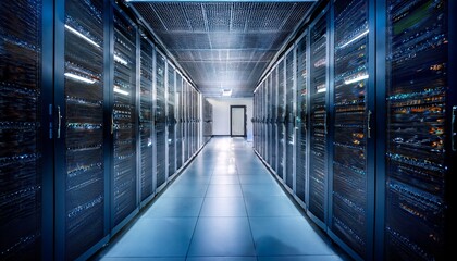 a modern data center room with rows of server racks soft blur effect infrastructure system